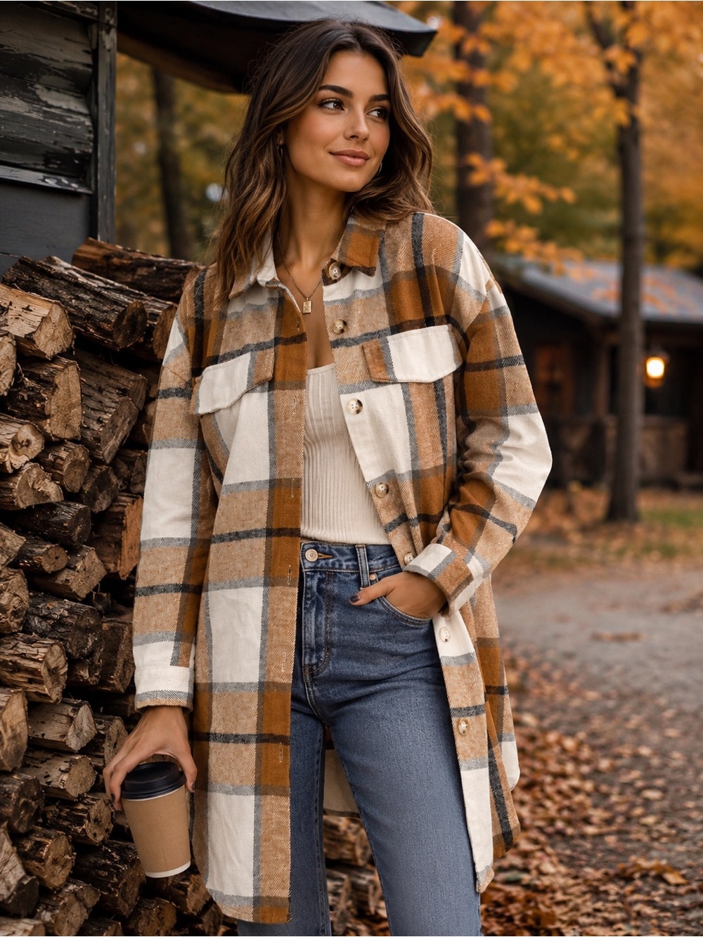 Women’s Plaid Fall Jacket in Camel & Cream